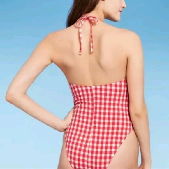 Wild Fable Womens Swimsuit Red Gingham Plaid Cross Halter High Leg - Picture 4 of 7